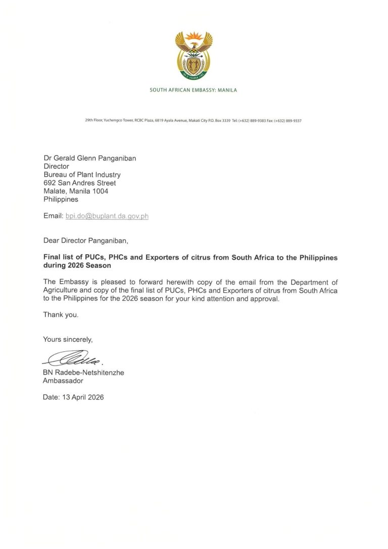 Updated list of PUCS, PHCs and Exporters for Citrus from South Africa