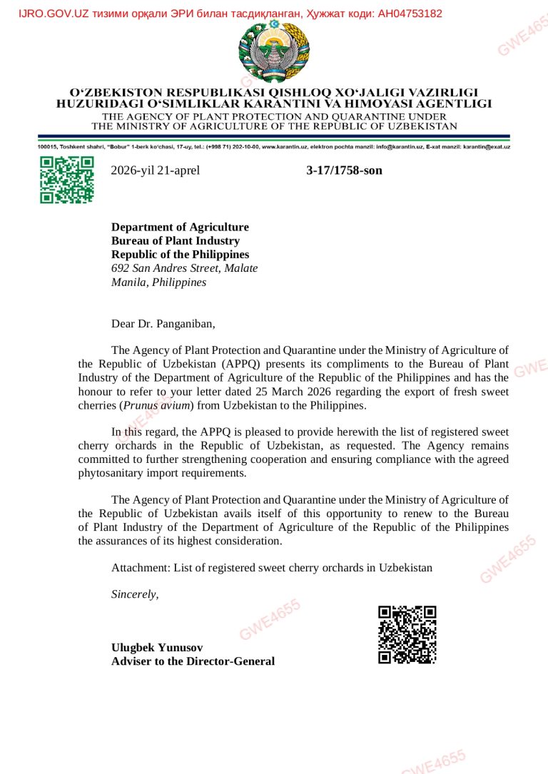 Uzbekistan Market Access of Fresh Sweet Cherry and PH Banana